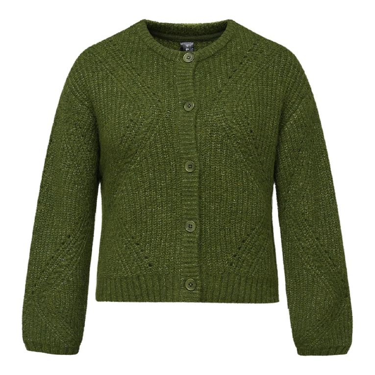 H&H Women's Fluffy Pointelle Knit Cardigan, Green Mid, hi-res