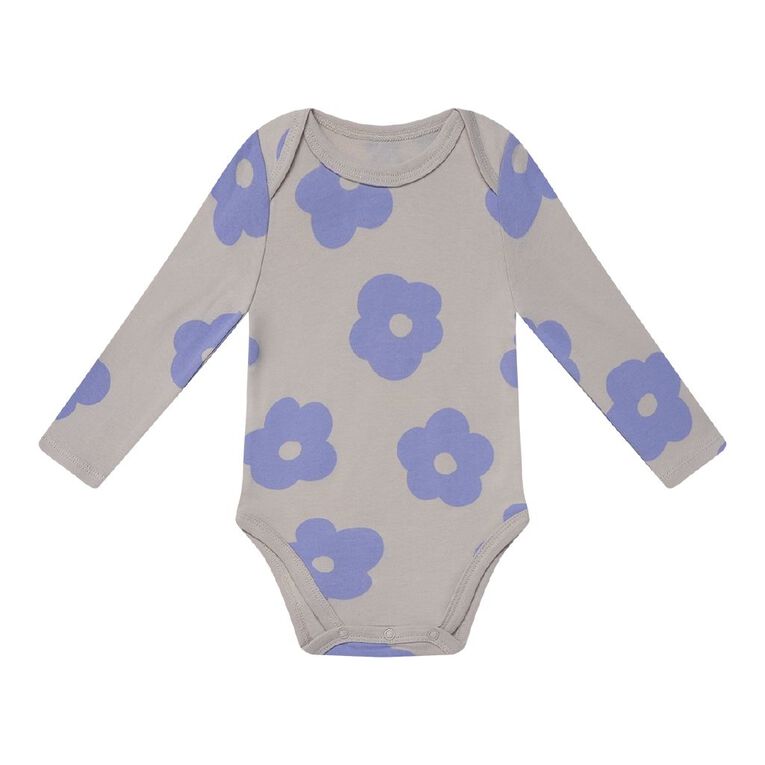 Young Original Babies' Long Sleeve Printed Bodysuit 3 Pack, Brown Light FLOWER, hi-res