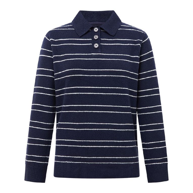 H&H Women's Relaxed Strike Button Polo Knit Jumper, Navy, hi-res