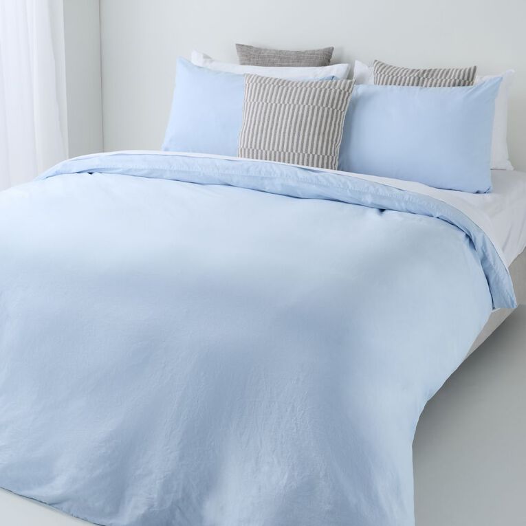 Living & Co Duvet Cover Set Washed Cotton Blue Queen, , hi-res