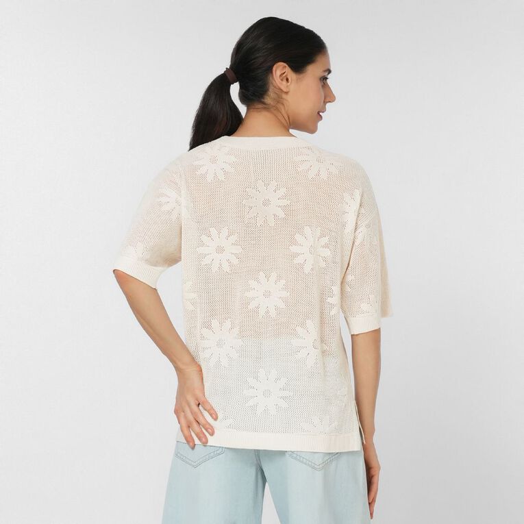 H&H Women's Amber Rixon Short Sleeve Crochet Flower Knit, Cream, hi-res