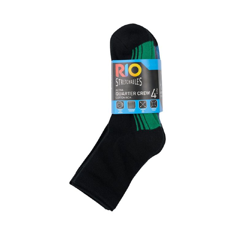 Rio Men's Quarter Crew Stretchable Socks 4 Pack, Black W25 11K, hi-res