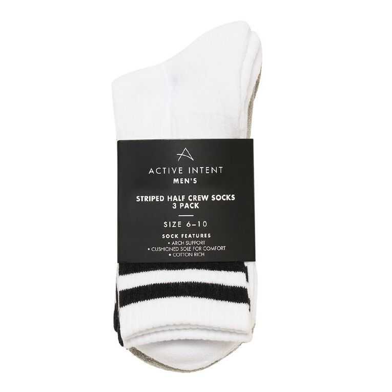 Active Intent Men's Striped Half Crew Socks 3 Pack, White, hi-res