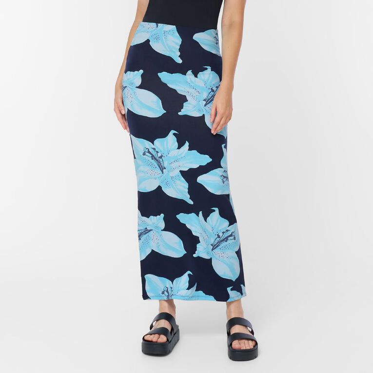 H&H Women's Contour Printed Maxi Skirt, Blue Dark, hi-res