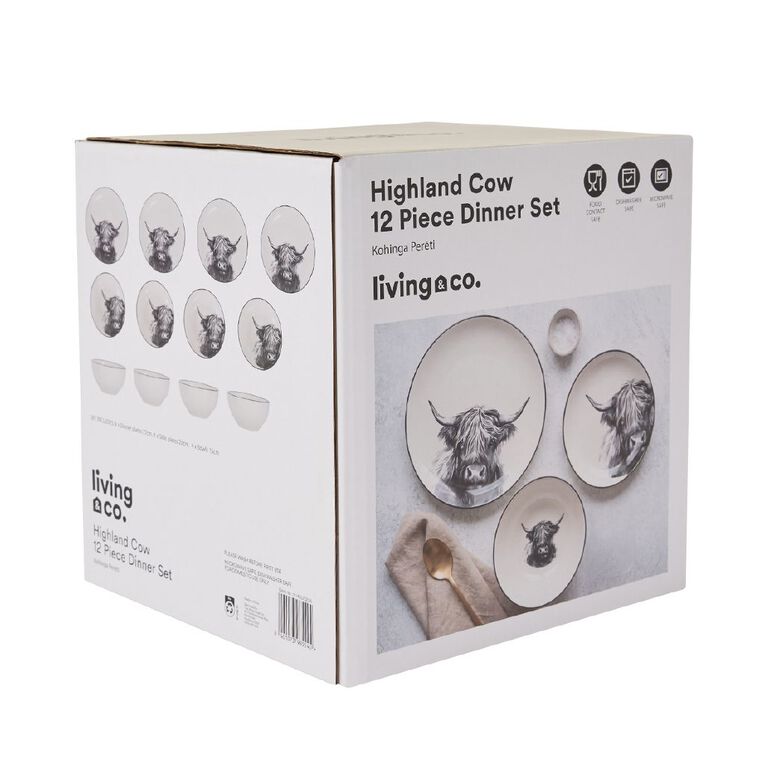 Living & Co Highland Cow 12 Piece Dinner Set White/Black, , hi-res