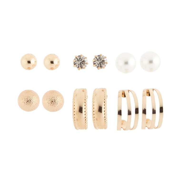 H&H Pearl Stud Hoop Gold Earrings 6 Pairs, Gold, hi-res