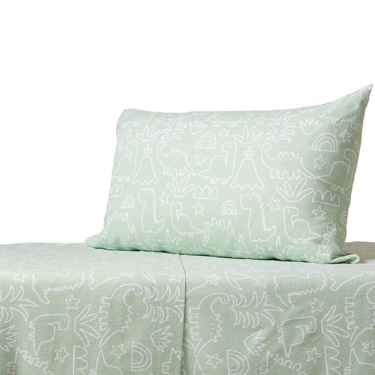 Living & Co Kids Cotton Flannelette Sheet Set Dino Green King Single, , hi-res