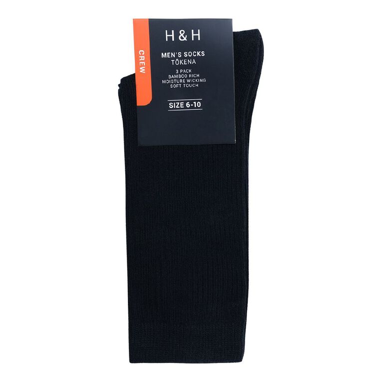 H&H Men's Bamboo Mixed Crew Socks 3 Pack, Black, hi-res