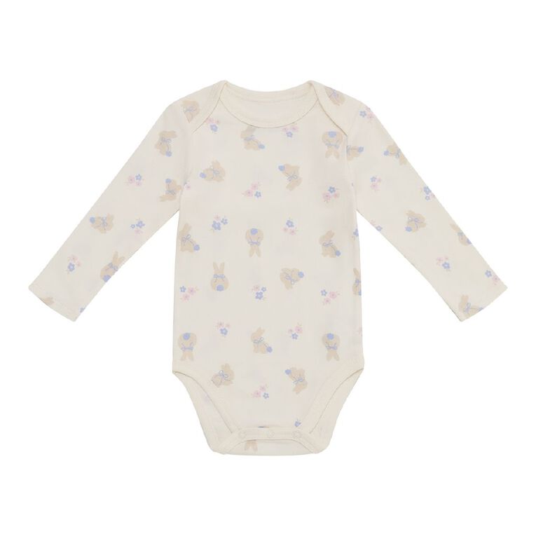 Young Original Babies' Long Sleeve Printed Bodysuit 3 Pack, Cream BUNNY, hi-res