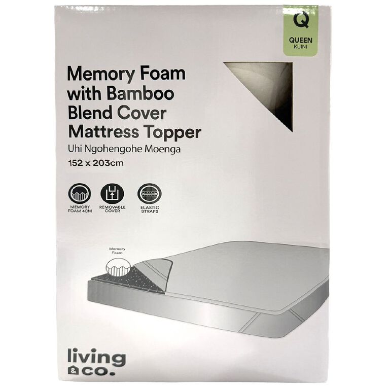 Living & Co Memory Foam Bamboo Blend Mattress Topper White Queen, , hi-res