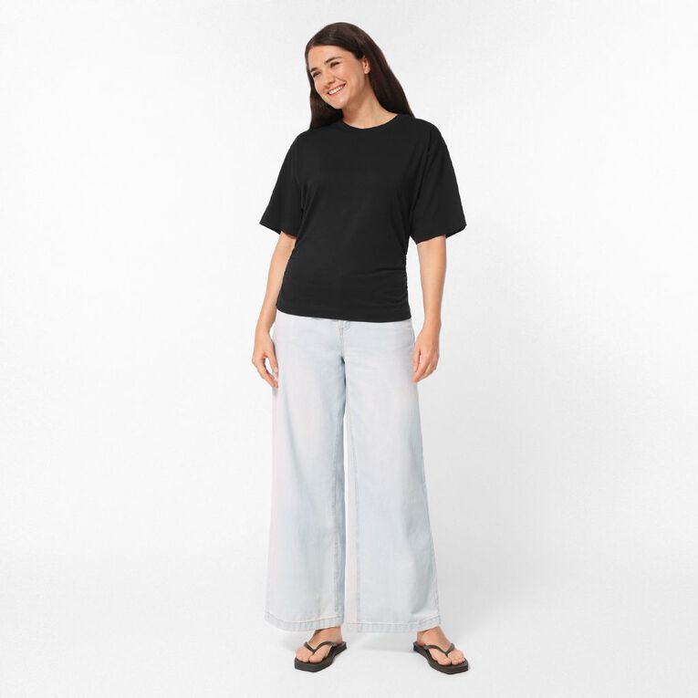 H&H Women's Short Sleeve Gathered Waist Tee, Black, hi-res
