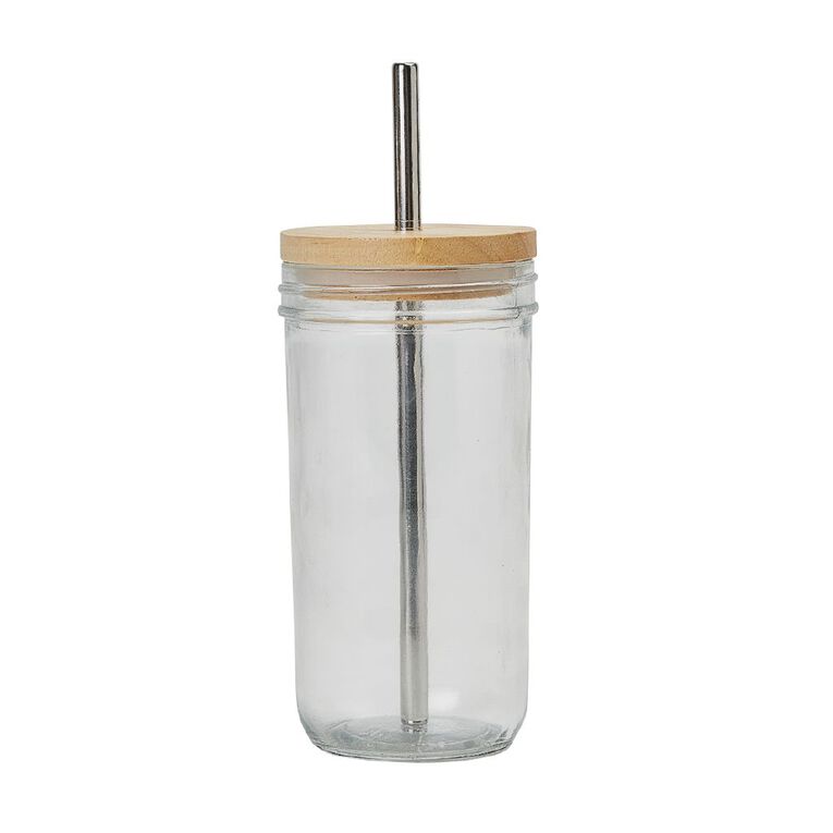Living & Co Glass Jar With Metal Straw Clear, , hi-res