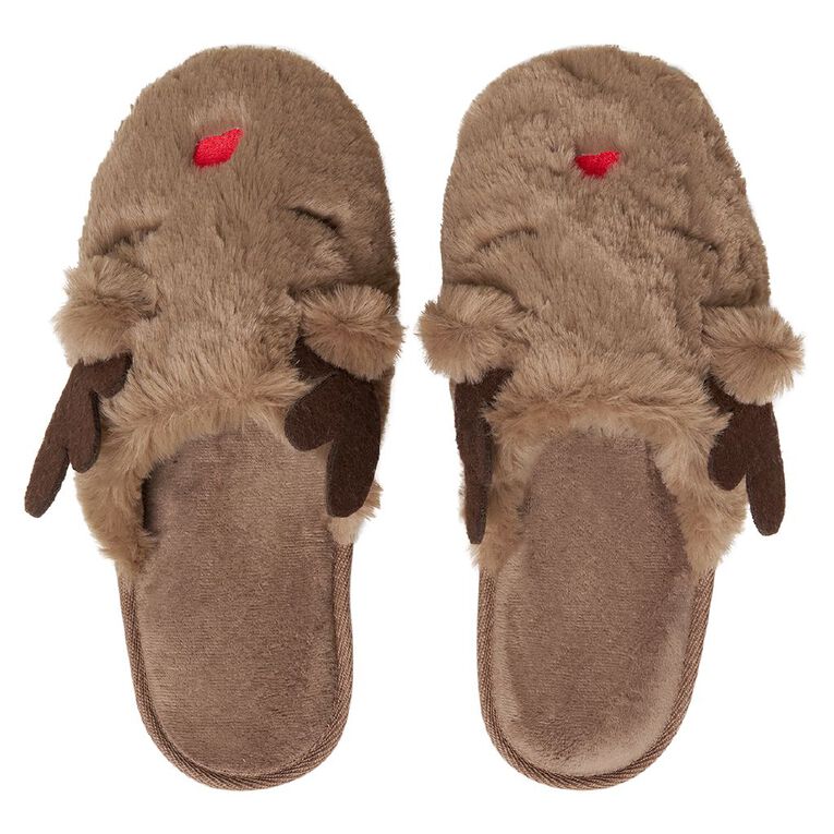 H&H Women's Reindeer Slippers, Brown, hi-res