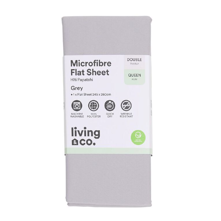 Living & Co Flat Microfibre Sheet Double/ Queen Grey One Size, , hi-res