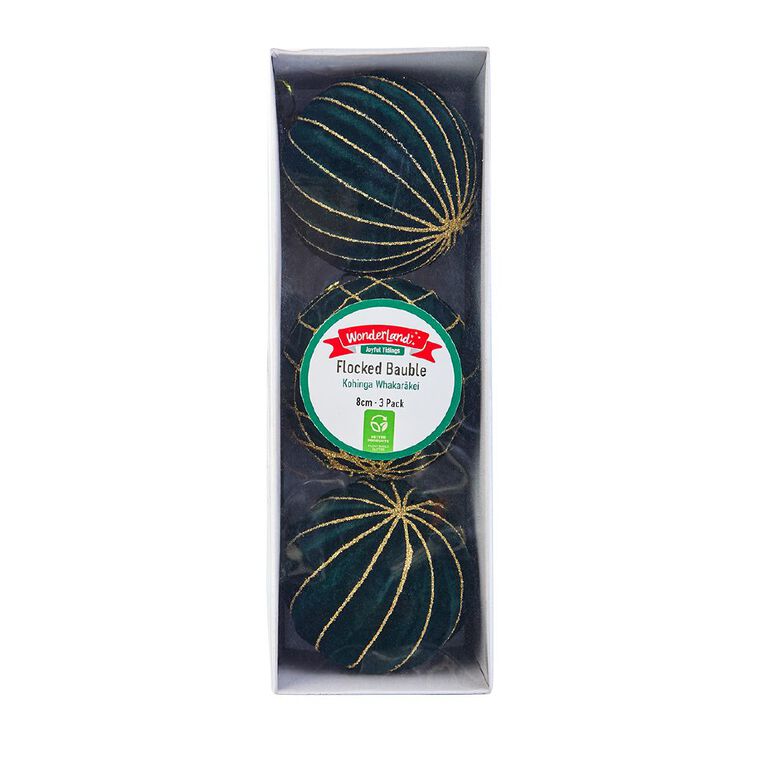 Wonderland Joyful Tidings Flocked Christmas Baubles 8cm Assorted 3 Pack, , hi-res