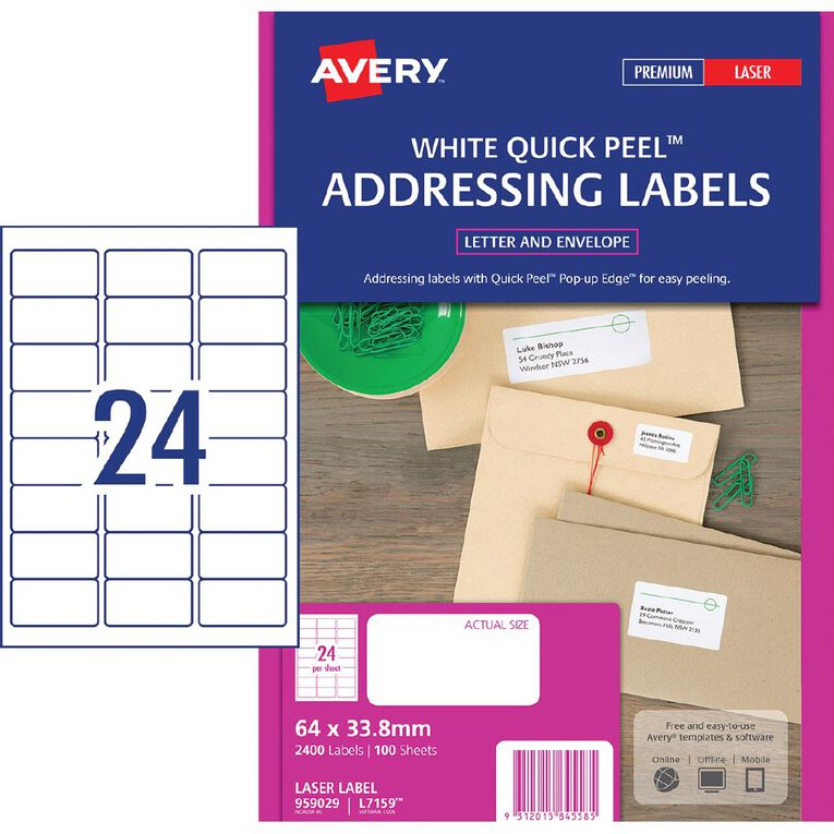 Avery Quick Peel 2400 Address Labels White 64mm x 33.8mm, , hi-res