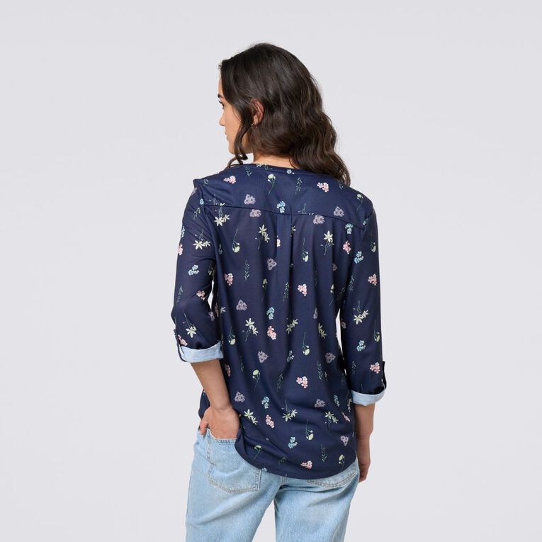 H&H Women's 3/4 Sleeve Amber Rixon Henley Top, Navy, hi-res