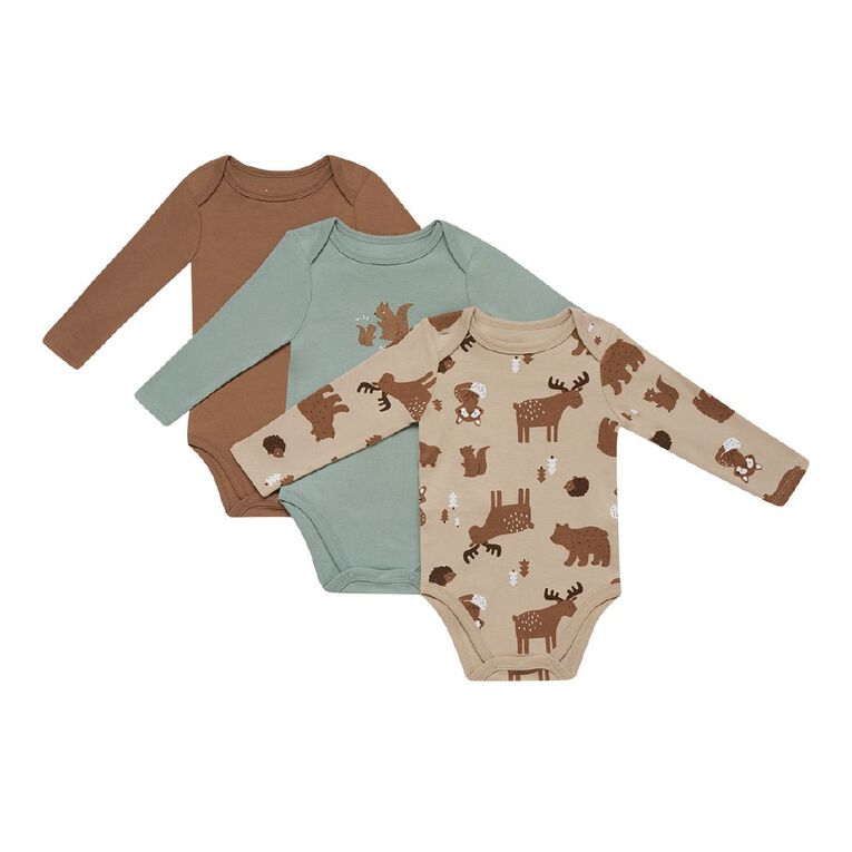 Young Original Babys' Long Sleeve Printed Bodysuit 3 Pack, Blue Light SQUIRREL, hi-res