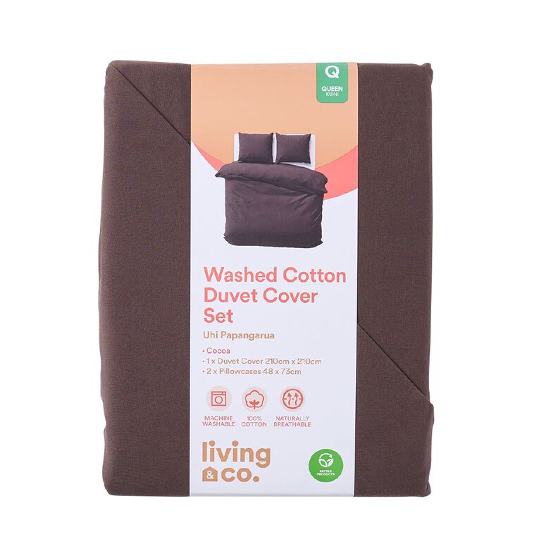 Living & Co Duvet Cover Set Washed Cotton Brown Mid Super King, , hi-res