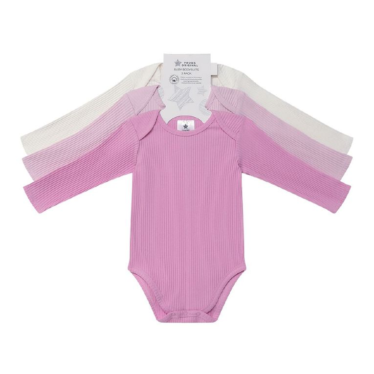 Young Original Babies' Long Sleeve Rib Bodysuit 3 Pack, Pink, hi-res