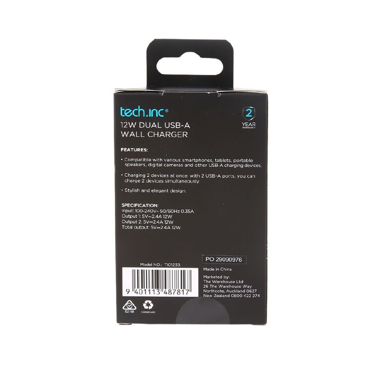 Tech.Inc 12W Dual USB-A Wall Charger TI0123B, , hi-res