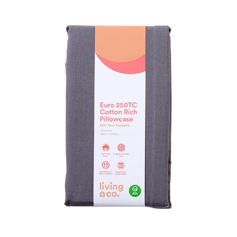 Living & Co Pillowcase Euro 250TC Grey One Size, , hi-res