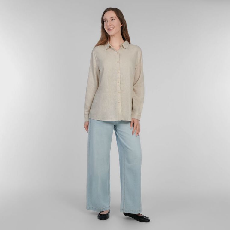 H&H Women's Long Sleeve Essential Linen Blend Shirt, Brown Light OAT MRL, hi-res