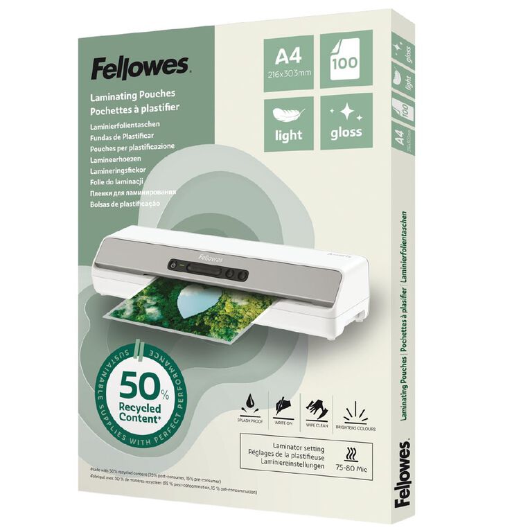 Fellowes Laminating Pouches Light A4 100 Pack, , hi-res