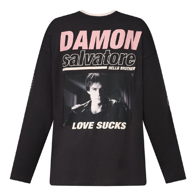 Warner Bros. Women's Long Sleeve Vampire Dairies Damon Top, Black, hi-res