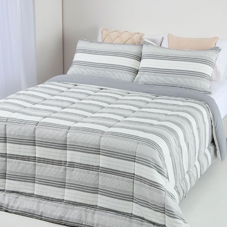 Living & Co 3 Piece Comforter Set Yarn Dye Stripe Grey Queen, , hi-res