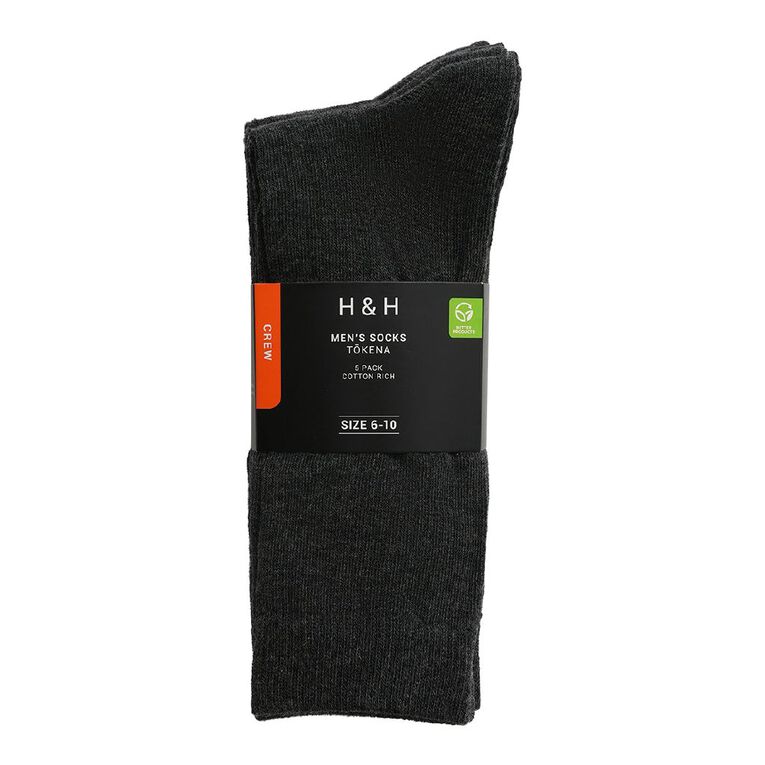 H&H Men's Plain Crew Socks 5 Pack, Charcoal, hi-res