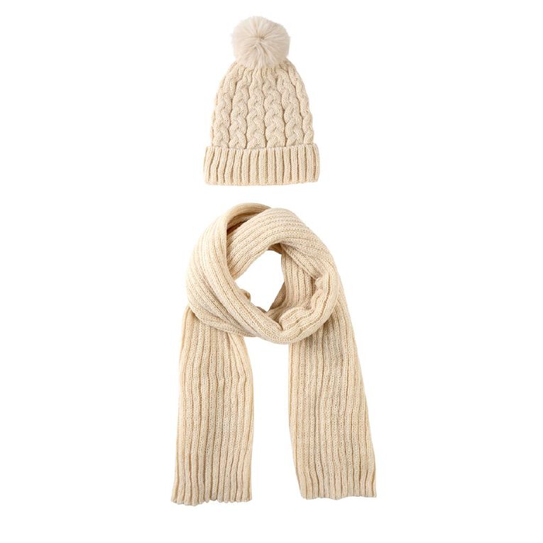 H&H Women's Beanie & Scarf Set, Cream, hi-res