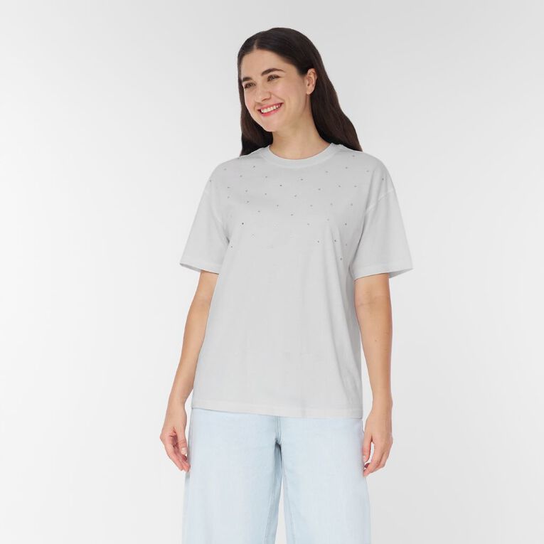 H&H Women's Short Sleeve Embellished Tee, White, hi-res