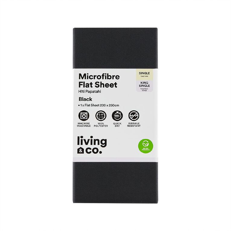 Living & Co Flat Microfibre Sheet Single/ King Single Black One Size, , hi-res
