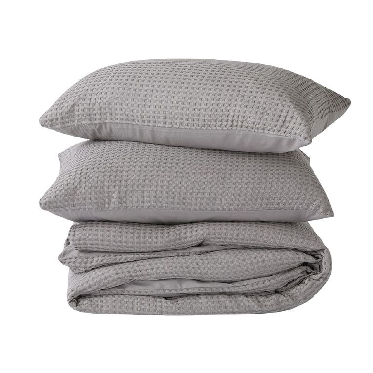 Living & Co Duvet Cover Set Cotton Waffle Grey Queen, , hi-res