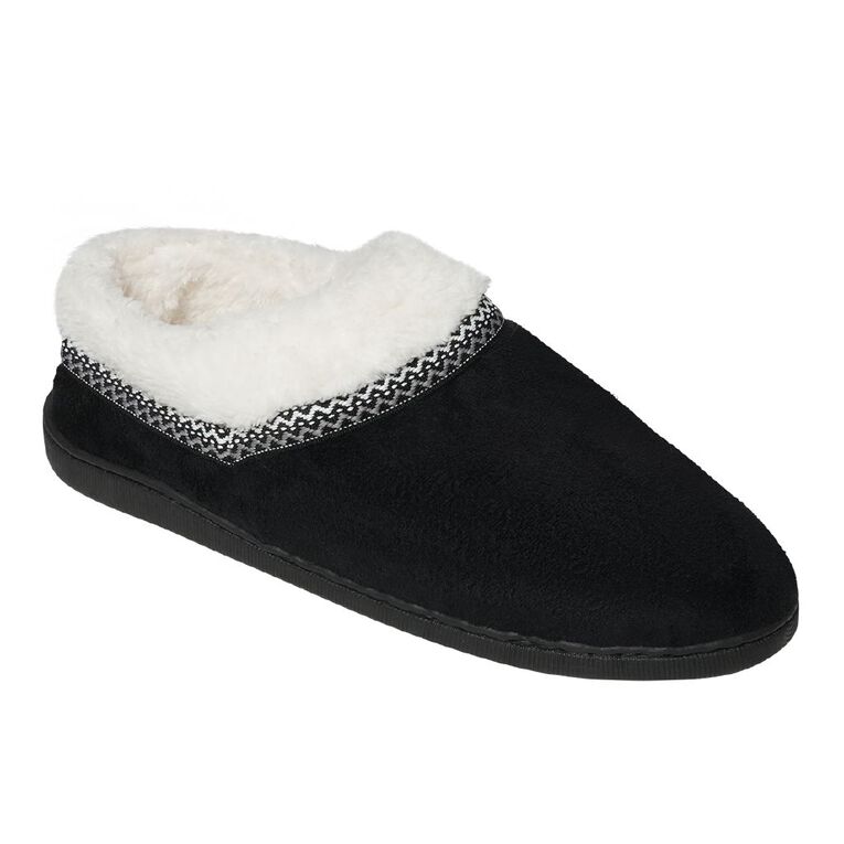 H&H Men's Faux Fur Trim Slippers, Black/White, hi-res