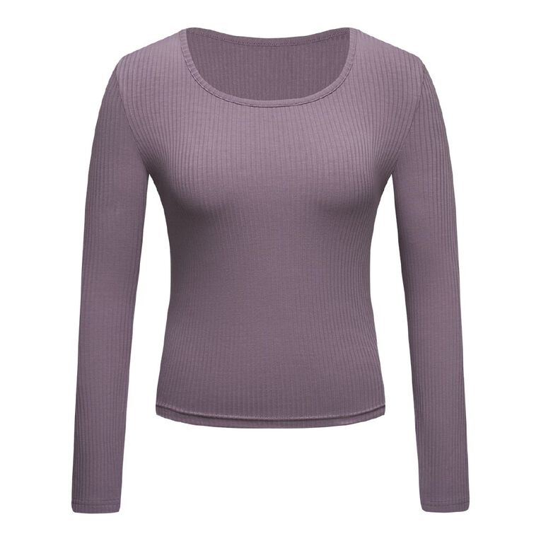 H&H Women's Long Sleeve Square Neck Rib Top, Grey Mid, hi-res