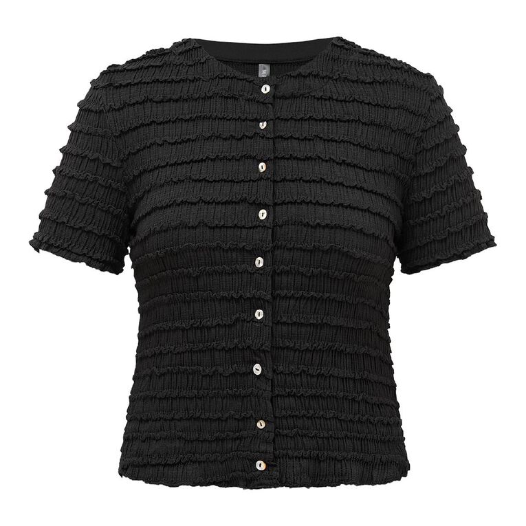 H&H Women's Short Sleeve Textured Button Through Top, Black, hi-res