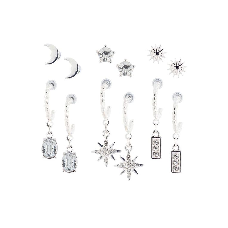 H&H Moon Diamante Star Silver Earrings 6 Pairs, , hi-res