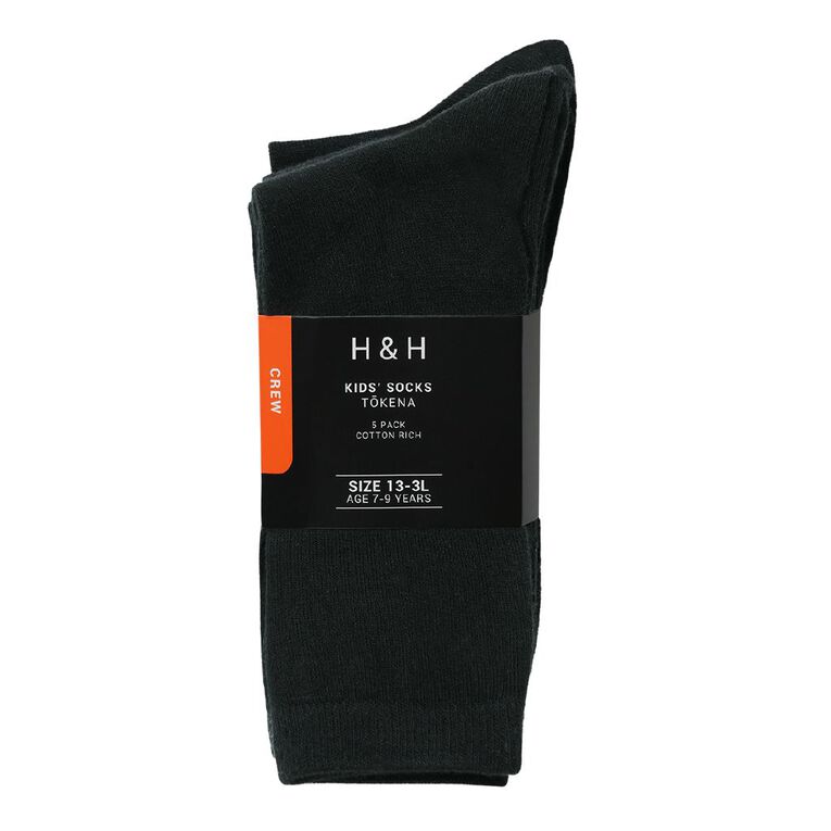 H&H Kids' Plain Crew Socks 5 Pack, Black, hi-res