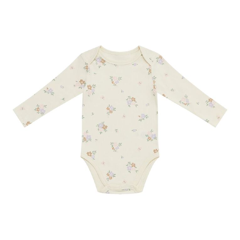 Young Original Babies' Long Sleeve Printed Bodysuit 3 Pack, White FLORA, hi-res