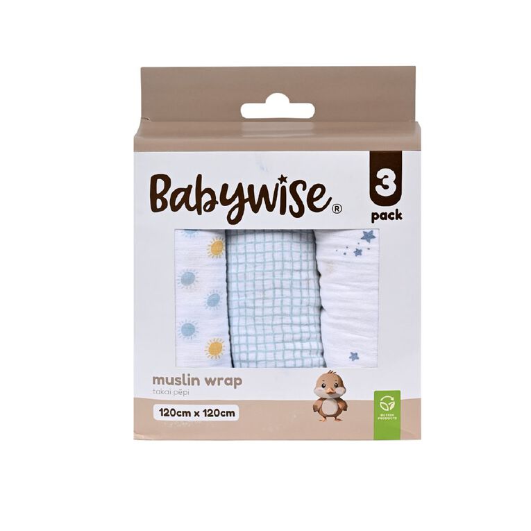 Babywise Muslin Wrap Sky 3 Pack, , hi-res