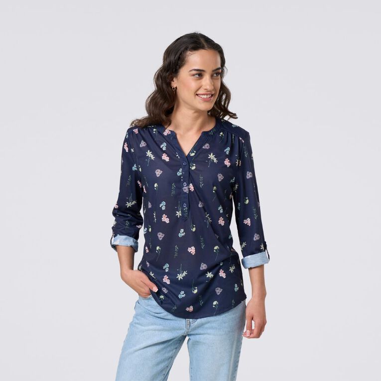 H&H Women's 3/4 Sleeve Amber Rixon Henley Top, Navy, hi-res