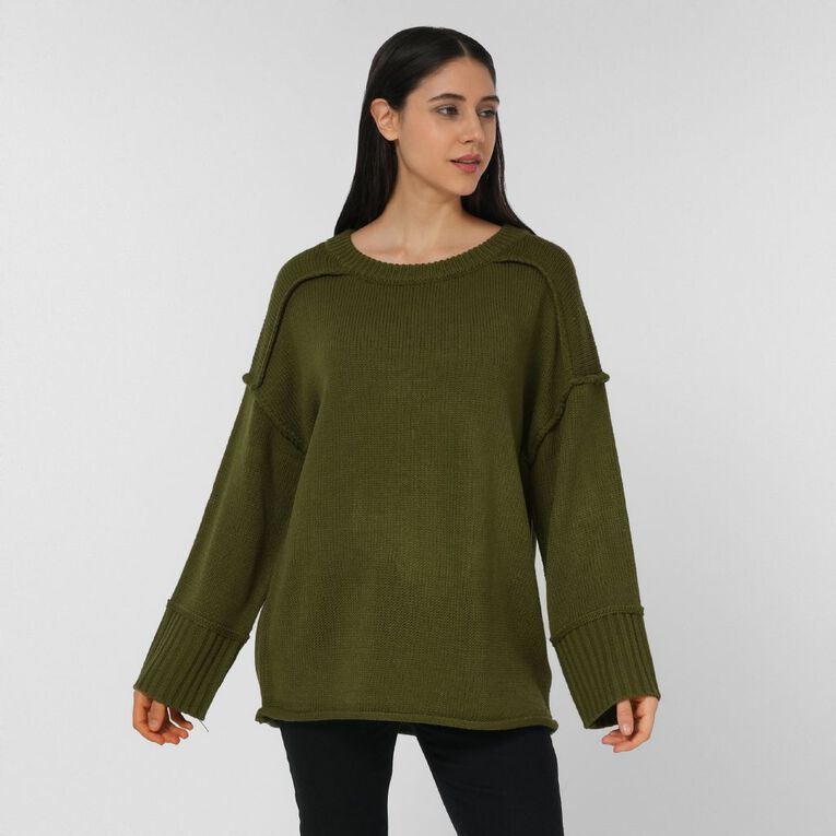 H&H Women's Long Chunky Knit With Contrast Stitch, Green Mid, hi-res