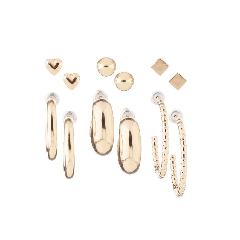H&H Heart Cube Chunky Hoop Gold Earring 6 Pairs, , hi-res