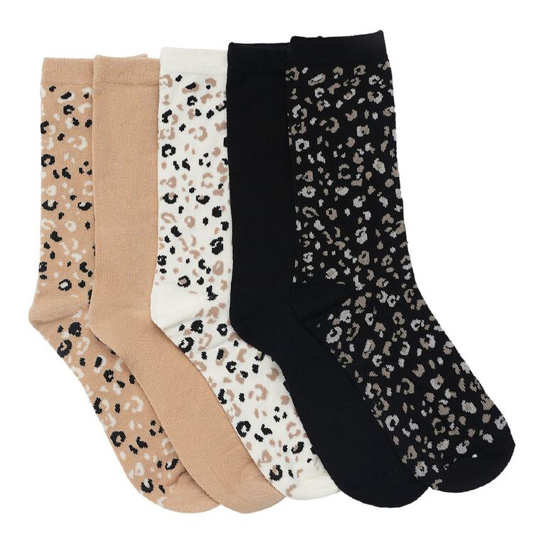 H&H Women's Crew Jacquard Socks 5 Pack, Beige, hi-res
