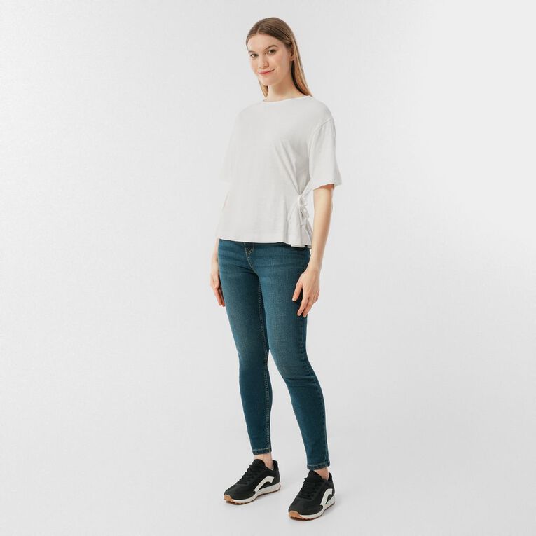 H&H Women's Short Sleeve Slub Cotton Tie Waist Tee, Cream, hi-res