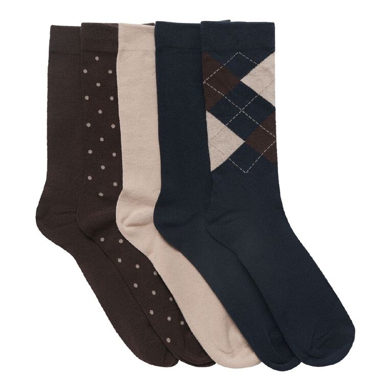 H&H Men's Business Crew Patterned Socks 5 Pack, Navy, hi-res