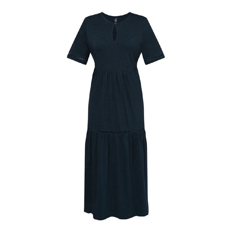 H&H Women's Crew Neck Slub Tiered Midi Dress with Lace Trim, Navy, hi-res