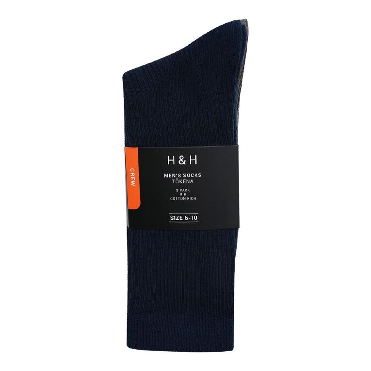 H&H Mens' Ribbed Crew Socks 3 Pack, Charcoal, hi-res